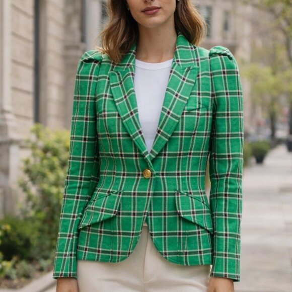 Smythe Jackets & Blazers - Smythe Kelly Green Plaid Puff Sleeve Blazer Cotton Size 6